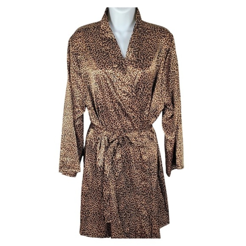 Morgan Taylor Intimates Leopard Print Satin Robe Brown Animal L‎ NWT NOS regency